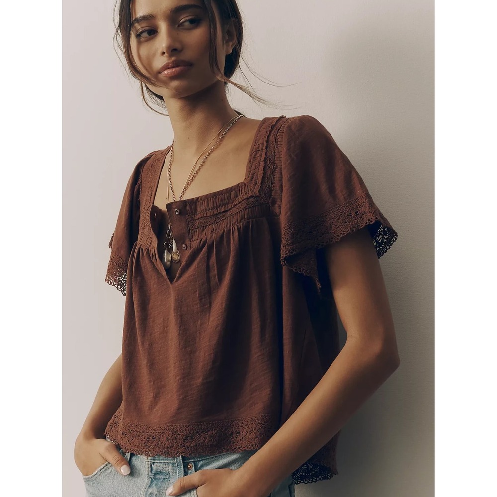 NWT Anthropologie Lace-Trimmed Short-Sleeve Henley Shirt Brown Sz M Cottage Boho
